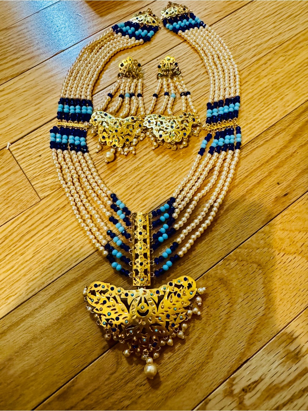 Gold-Tone Pearl and Blue Bead Multi-Strand Necklace with Matching Earrings
